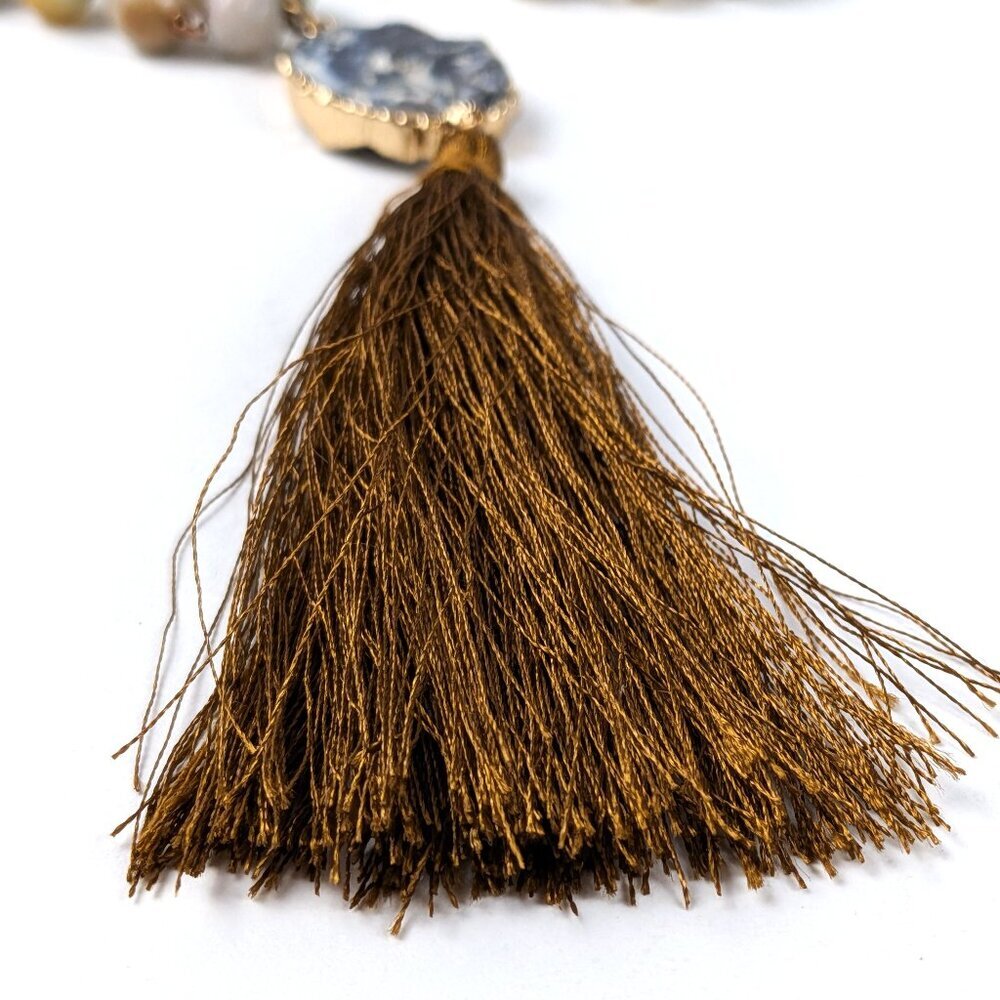 Long Beaded Natural Stone Gold Tassel Necklace - Picture 5 of 7